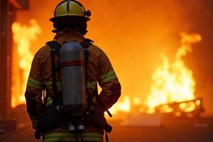 fireman with protective outfit and hose working at fire event photo