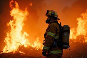 fireman with protective outfit and hose working at fire event photo