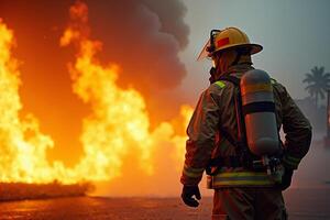 fireman with protective outfit and hose working at fire event photo