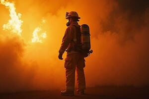 fireman with protective outfit and hose working at fire event photo