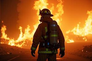 fireman with protective outfit and hose working at fire event photo