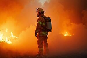 fireman with protective outfit and hose working at fire event photo