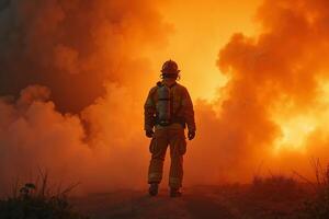 fireman with protective outfit and hose working at fire event photo