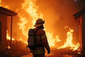 fireman with protective outfit and hose working at fire event photo