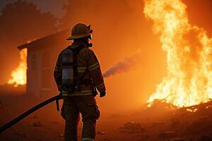 fireman with protective outfit and hose working at fire event photo