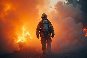 fireman with protective outfit and hose working at fire event photo