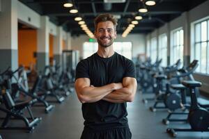 person professional body trainer smile and standing at gym photo