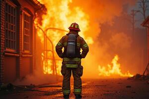 fireman with protective outfit and hose working at fire event photo