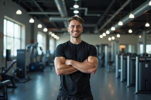 person professional body trainer smile and standing at gym photo