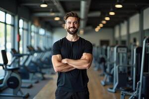 person professional body trainer smile and standing at gym photo