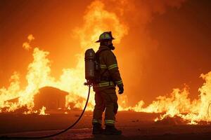 fireman with protective outfit and hose working at fire event photo
