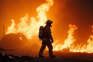 fireman with protective outfit and hose working at fire event photo