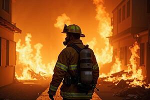 fireman with protective outfit and hose working at fire event photo