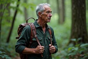 person traveler standing at the deep jungle tree photo