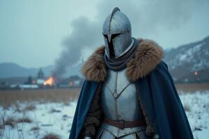 portrait view of full armor knight in medieval era history, photo