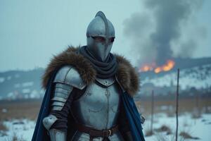 portrait view of full armor knight in medieval era history, photo