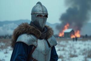 portrait view of full armor knight in medieval era history, photo