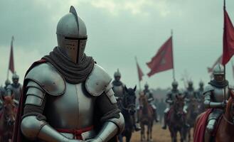 portrait view of full armor knight in medieval era history, photo