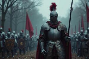 portrait view of full armor knight in medieval era history, photo