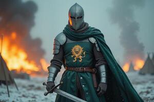 portrait view of full armor knight in medieval era history, photo