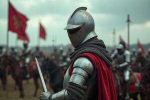 portrait view of full armor knight in medieval era history, photo