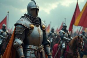 portrait view of full armor knight in medieval era history, photo