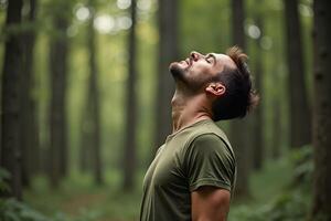 person standing looking up and enjoy the nature sense at the jungle, photo