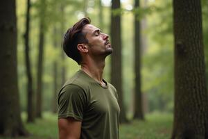 person standing looking up and enjoy the nature sense at the jungle, photo