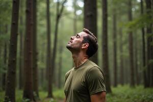 person standing looking up and enjoy the nature sense at the jungle, photo