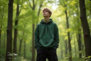 person standing looking up and enjoy the nature sense at the jungle, photo