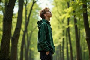 person standing looking up and enjoy the nature sense at the jungle, photo