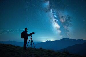 photographer person standing and shoot star galaxy at night in mountain , photo