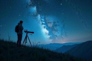 photographer person standing and shoot star galaxy at night in mountain , photo