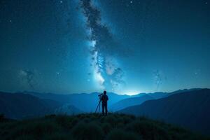 photographer person standing and shoot star galaxy at night in mountain , photo