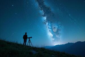 photographer person standing and shoot star galaxy at night in mountain , photo