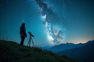 photographer person standing and shoot star galaxy at night in mountain , photo