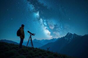 photographer person standing and shoot star galaxy at night in mountain , photo