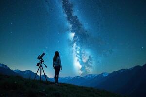 photographer person standing and shoot star galaxy at night in mountain , photo