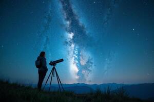 photographer person standing and shoot star galaxy at night in mountain , photo