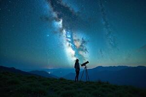 photographer person standing and shoot star galaxy at night in mountain , photo