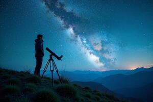 photographer person standing and shoot star galaxy at night in mountain , photo