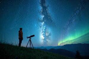 photographer person standing and shoot star galaxy at night in mountain , photo