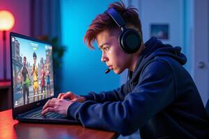 teen and young person addict playing a game computer at house, photo