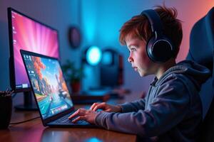 teen and young person addict playing a game computer at house, photo