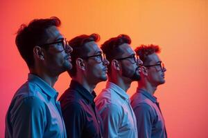 row group of person in glasses standing with gradient orange background, photo