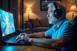 elder person addict playing a game computer at house, photo