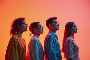 row group of person in glasses standing with gradient orange background, photo