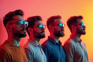 row group of person in glasses standing with gradient orange background, photo