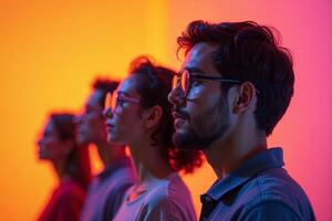 row group of person in glasses standing with gradient orange background, photo