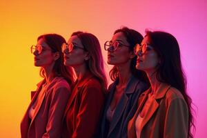 row group of person in glasses standing with gradient orange background, photo